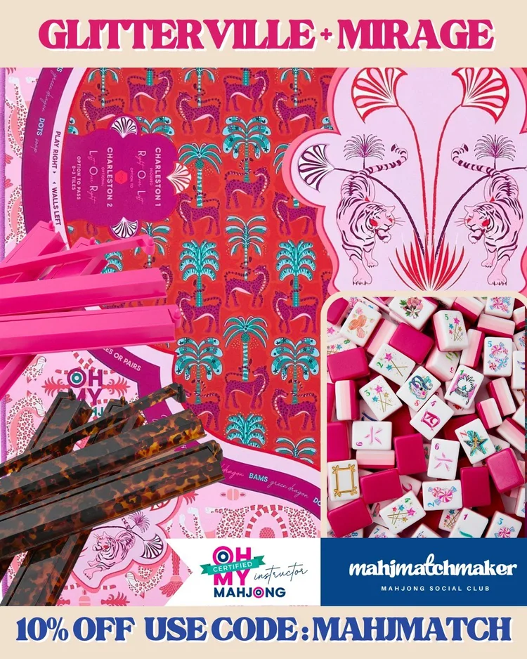 Oh My Mahjong Glitterville mahjong tiles with Oh My Mahjong Mirage mahjong mat