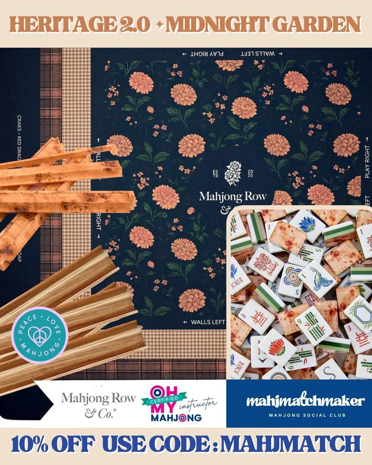 Oh My Mahjong Heritage 2.0 mahjong tiles with Mahjong Row & Co. Midnight Garden mahjong mat