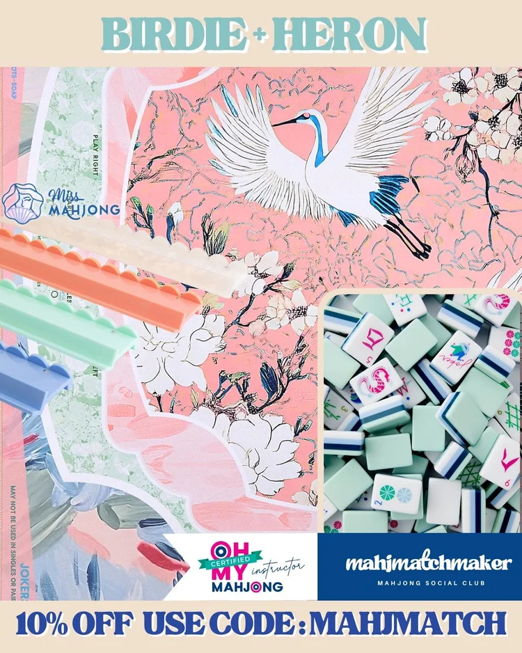 Oh My Mahjong Birdie mahjong tiles with Oh My Mahjong Heron mahjong mat