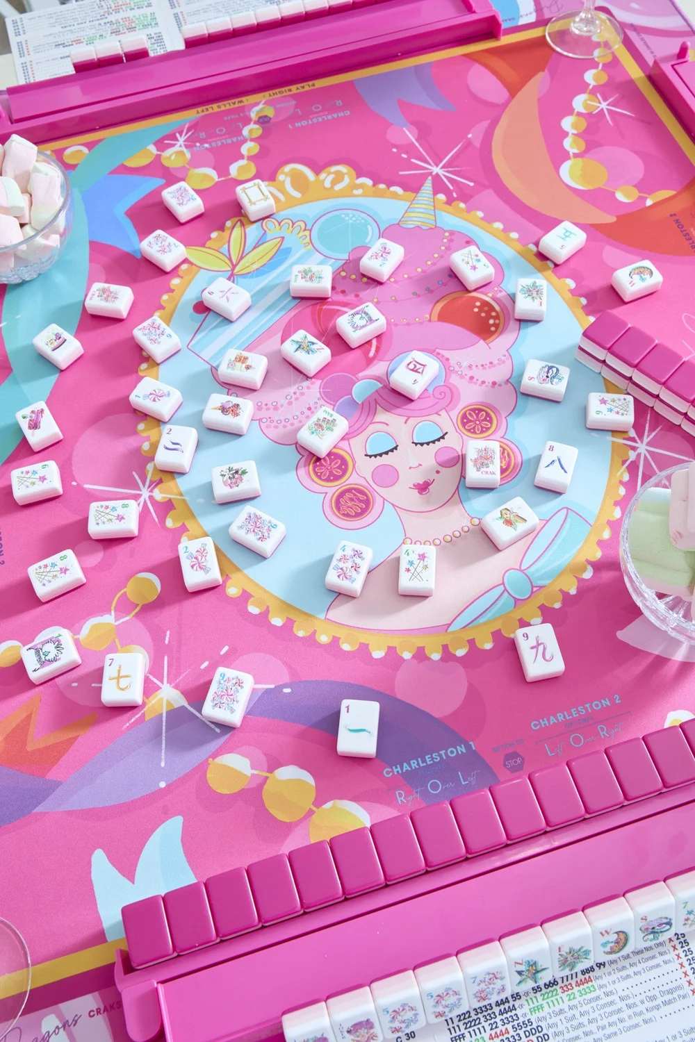 Oh My Mahjong Glitterville mahjong tiles at the table: Glitterville on the Oh My Mahjong Sweet Marie mat · photo: Oh My Mahjong