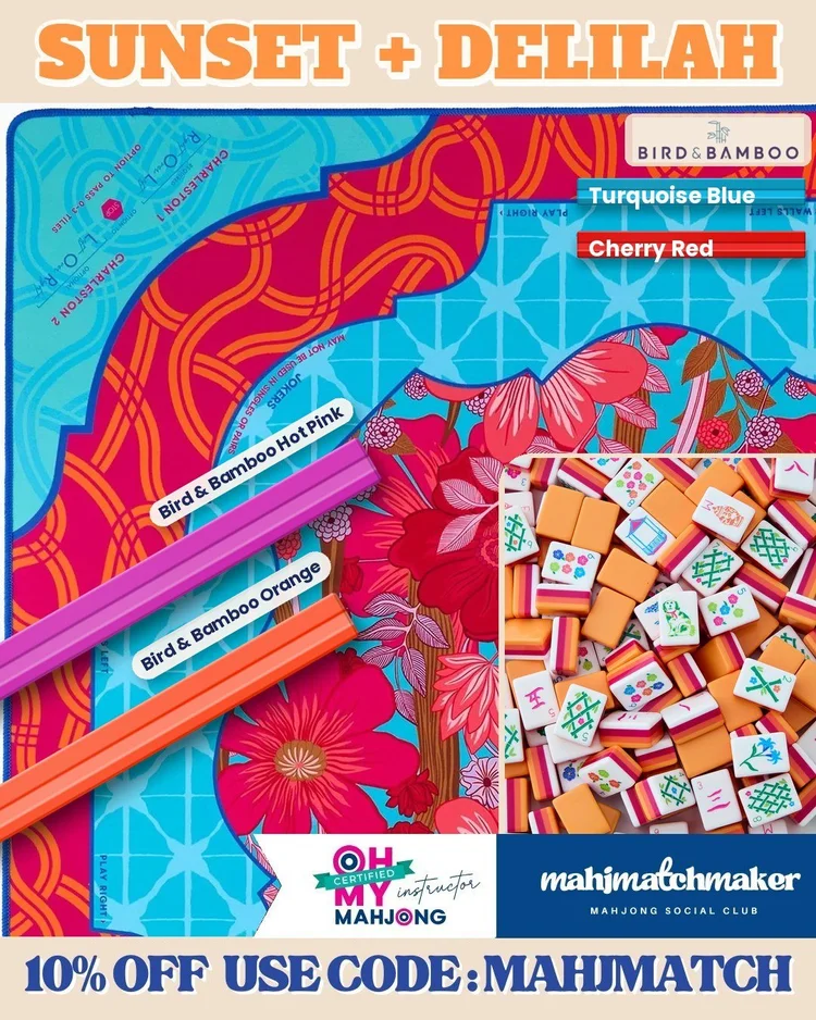 Oh My Mahjong Sunset mahjong tiles with Oh My Mahjong Delilah mahjong mat