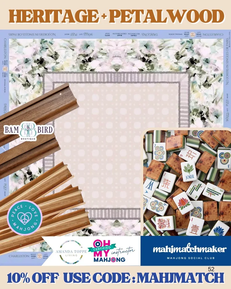 Oh My Mahjong Heritage mahjong tiles with Amanda Toppe Petalwood mahjong mat