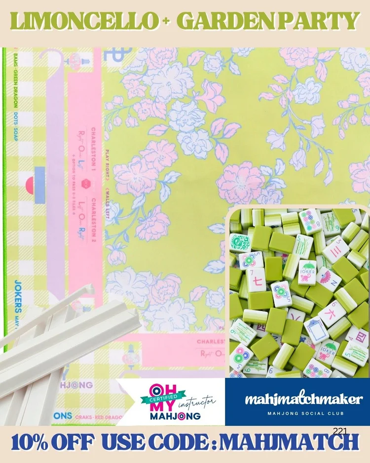 Oh My Mahjong Limoncello mahjong tiles with Oh My Mahjong Garden Party mahjong mat