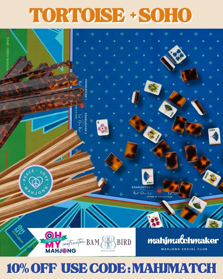 Bam Bird Boutique Tortoise mahjong tiles with Oh My Mahjong SoHo mahjong mat