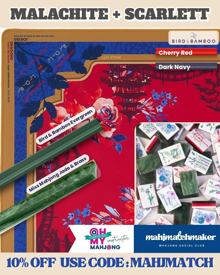Miss Mahjong Malachite mahjong tiles with Oh My Mahjong Scarlett mahjong mat