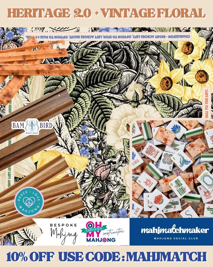 Oh My Mahjong Heritage 2.0 mahjong tiles with Bespoke Mahjong Vintage Floral mahjong mat