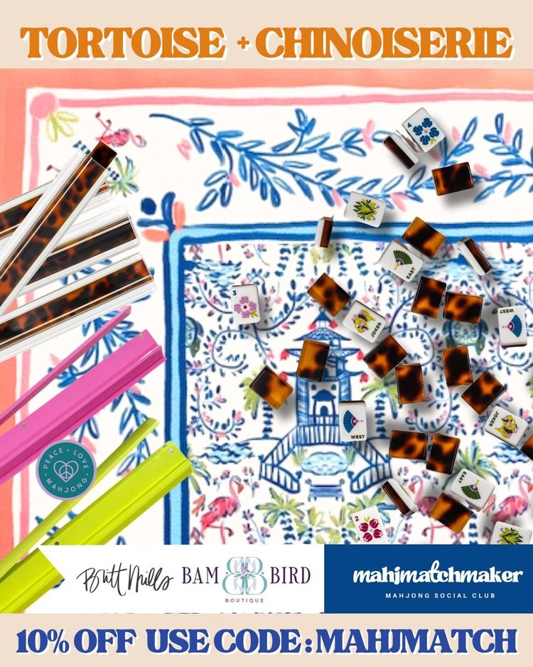 Bam Bird Boutique Tortoise mahjong tiles with Britt Mills Chinoiserie mahjong mat