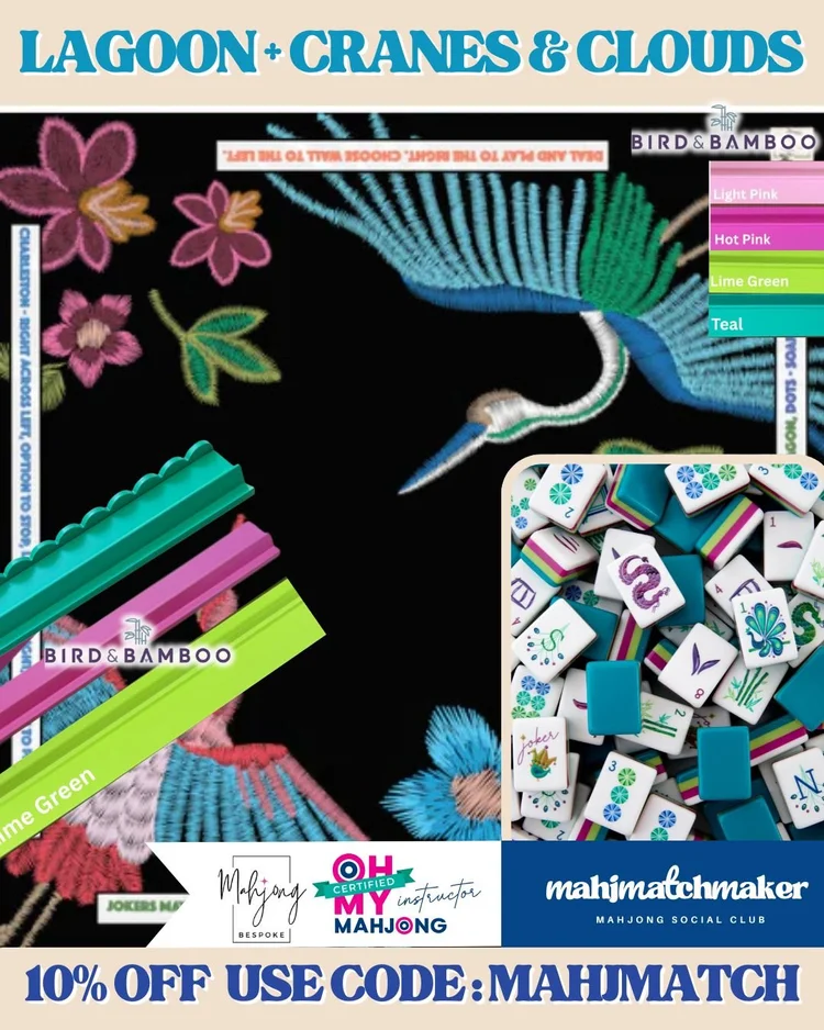 Oh My Mahjong Lagoon mahjong tiles with Bespoke Mahjong Cranes and Clouds mahjong mat
