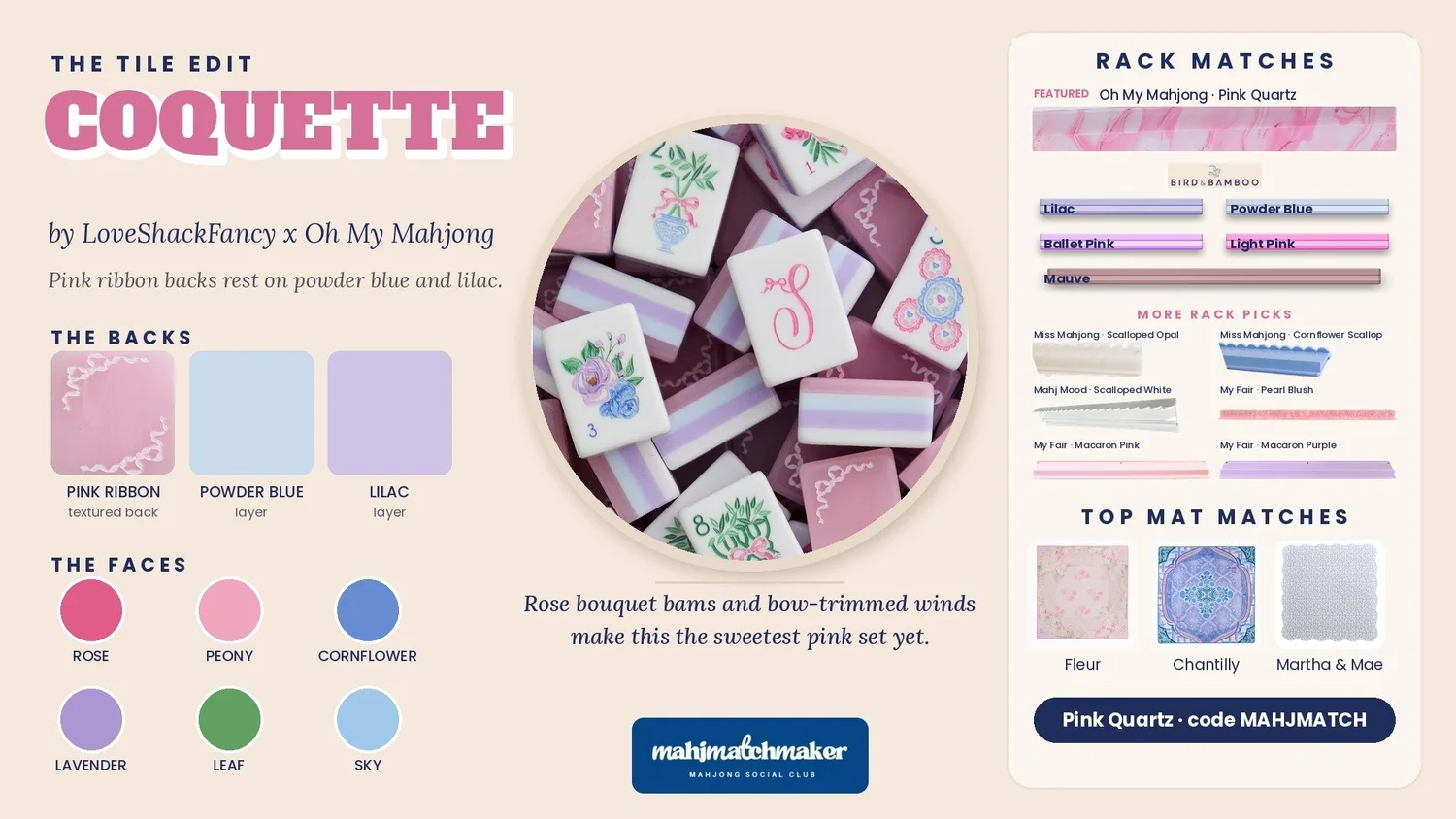 LoveShackFancy Coquette mahjong tiles color guide and rack matches