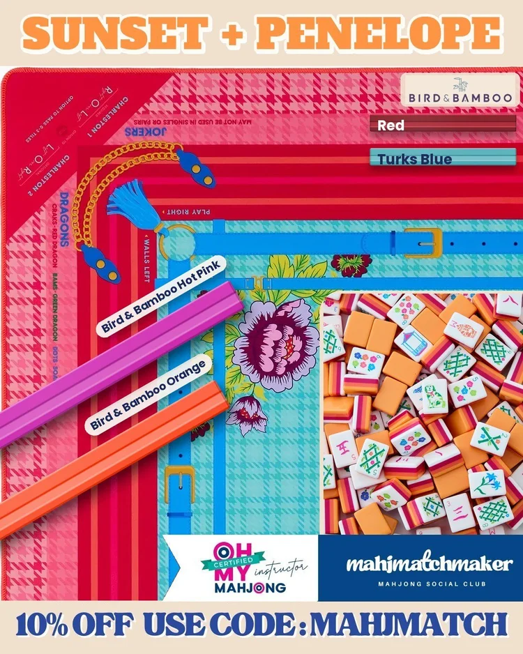 Oh My Mahjong Sunset mahjong tiles with Oh My Mahjong Penelope mahjong mat