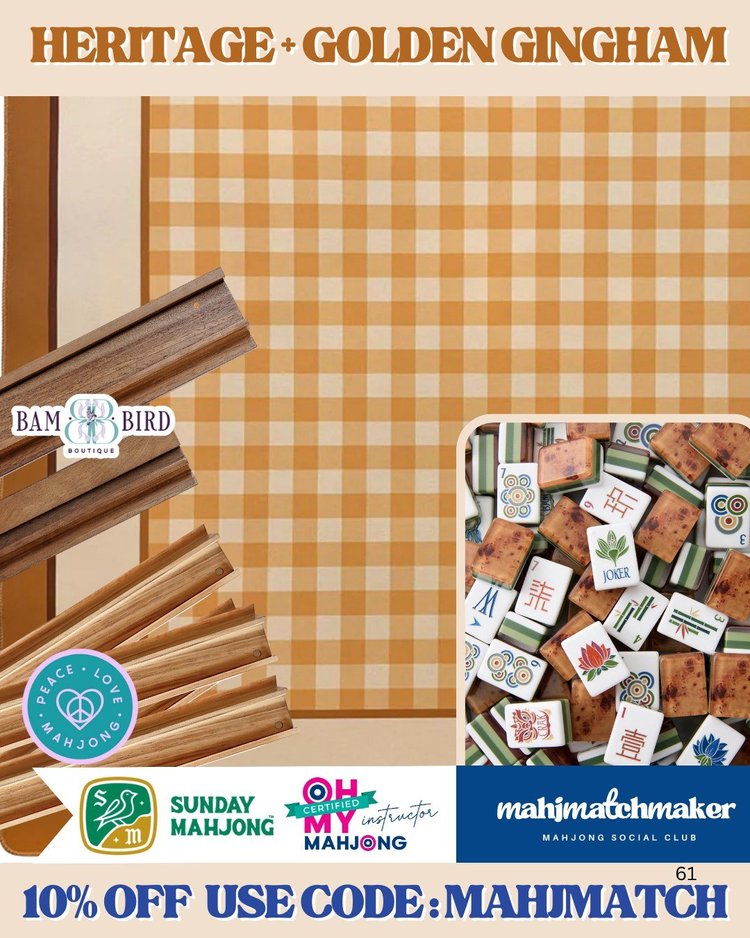 Oh My Mahjong Heritage mahjong tiles with Sunday Mahjong Golden Gingham mahjong mat