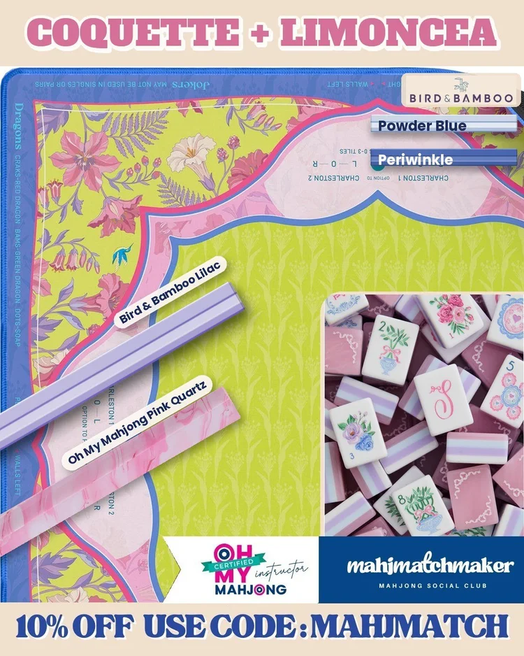 LoveShackFancy Coquette mahjong tiles with Virora Mahjong Limoncea mahjong mat