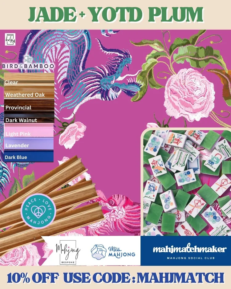 Miss Mahjong Jade mahjong tiles with Bespoke Mahjong Year of the Dragon Plum mahjong mat