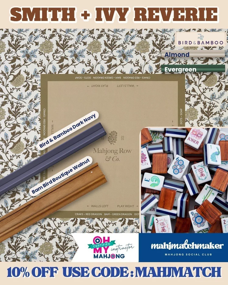 Oh My Mahjong Smith mahjong tiles with Mahjong Row and Co. Ivy Reverie mahjong mat