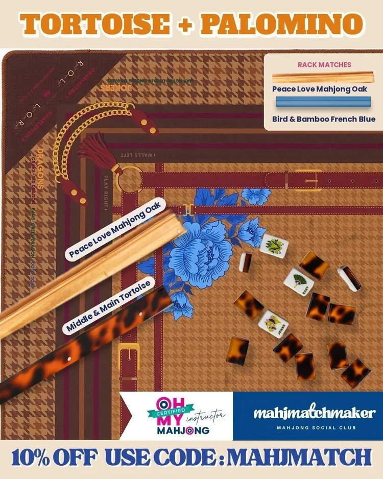 Bam Bird Boutique Classic Tortoise mahjong tiles with Oh My Mahjong Palomino mahjong mat