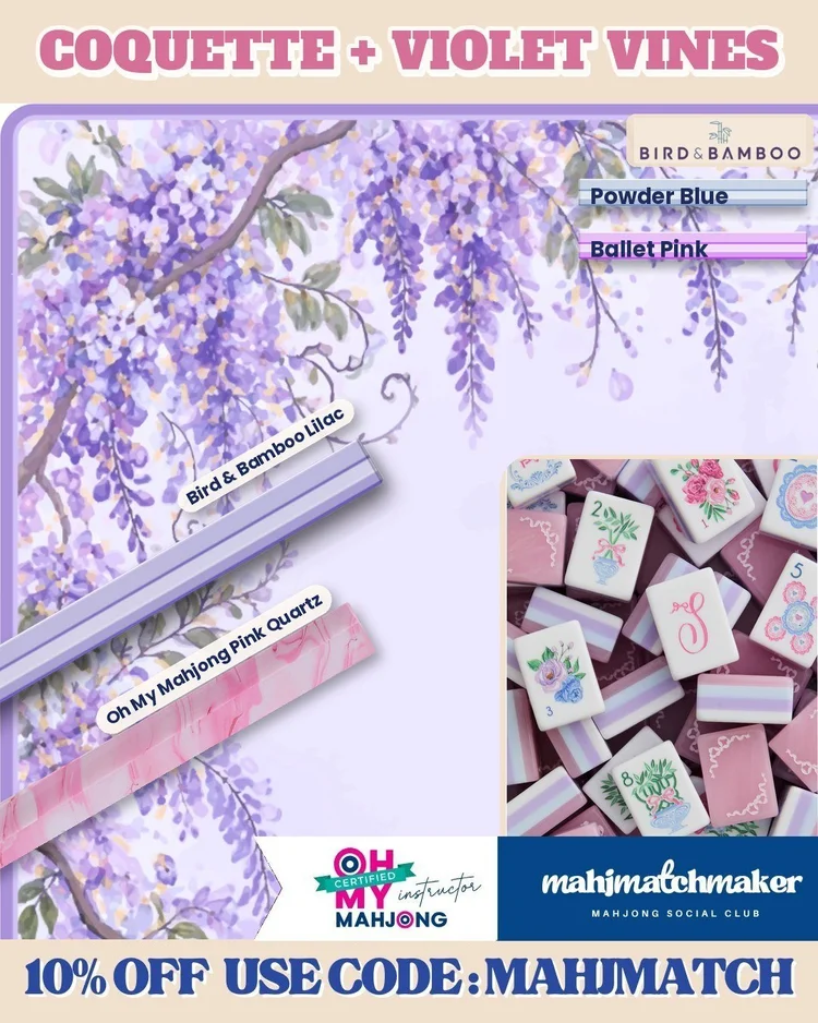 LoveShackFancy Coquette mahjong tiles with Middle & Main Mahjong Violet Vines Wisteria mahjong mat