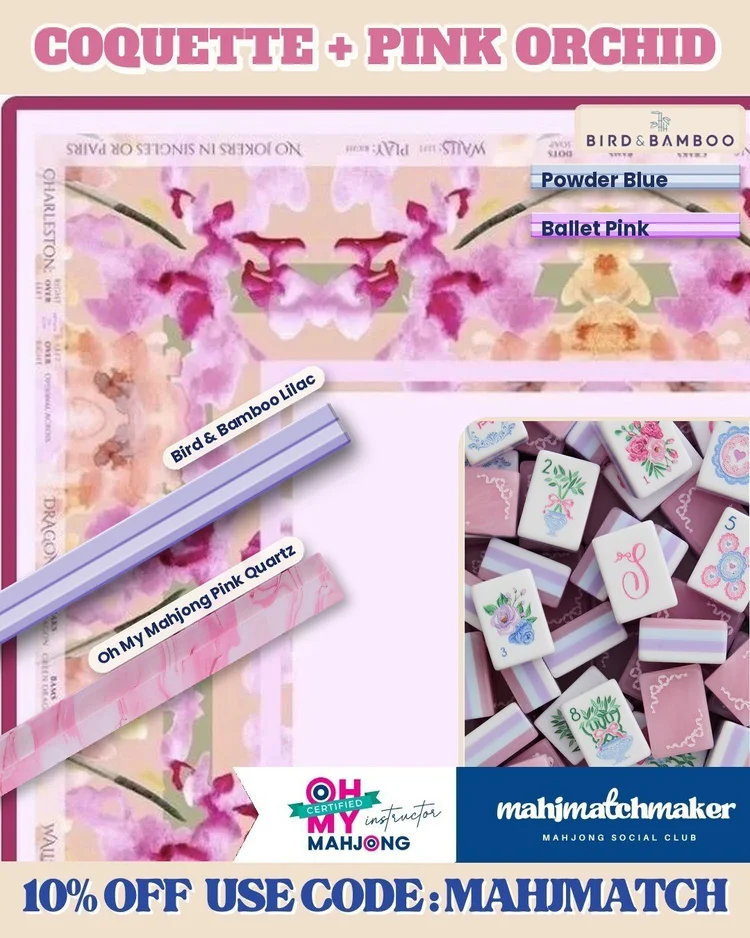 LoveShackFancy Coquette mahjong tiles with Amanda Toppe Pink Orchids mahjong mat