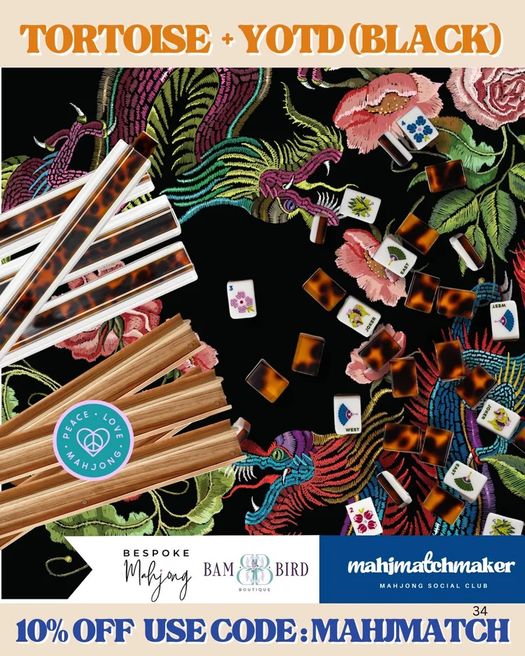 Bam Bird Boutique Tortoise mahjong tiles with Bespoke Mahjong YOTD Black mahjong mat