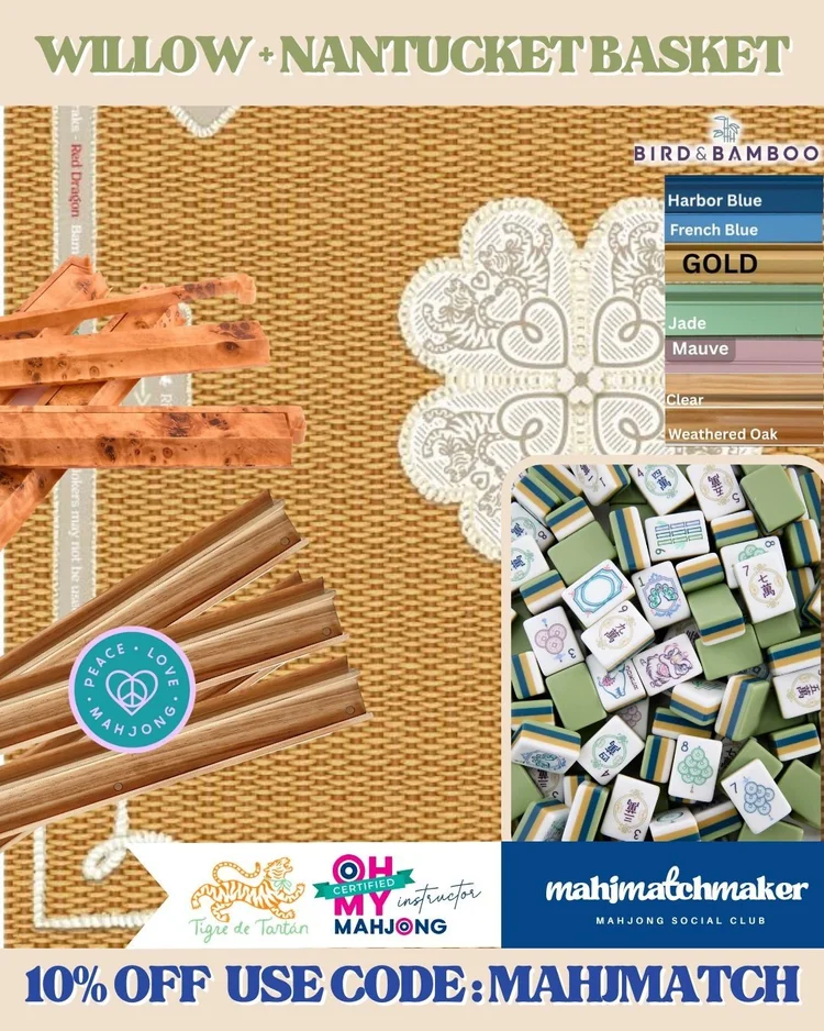 Oh My Mahjong Willow mahjong tiles with Tigre de Tartan Nantucket Basket mahjong mat