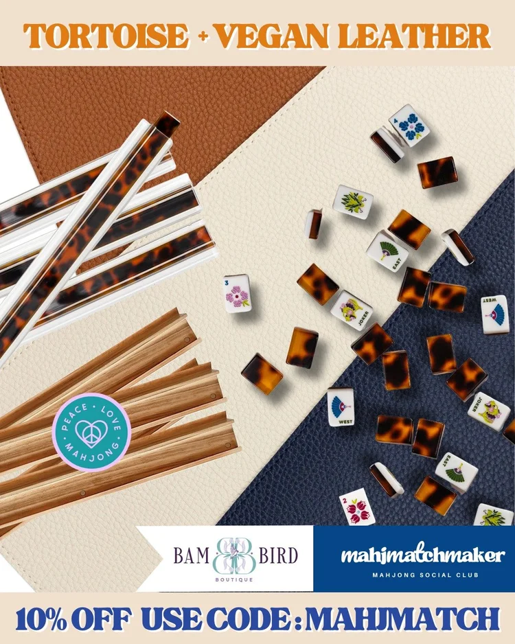 Bam Bird Boutique Tortoise mahjong tiles with Bam Bird Boutique Vegan Leather mahjong mat