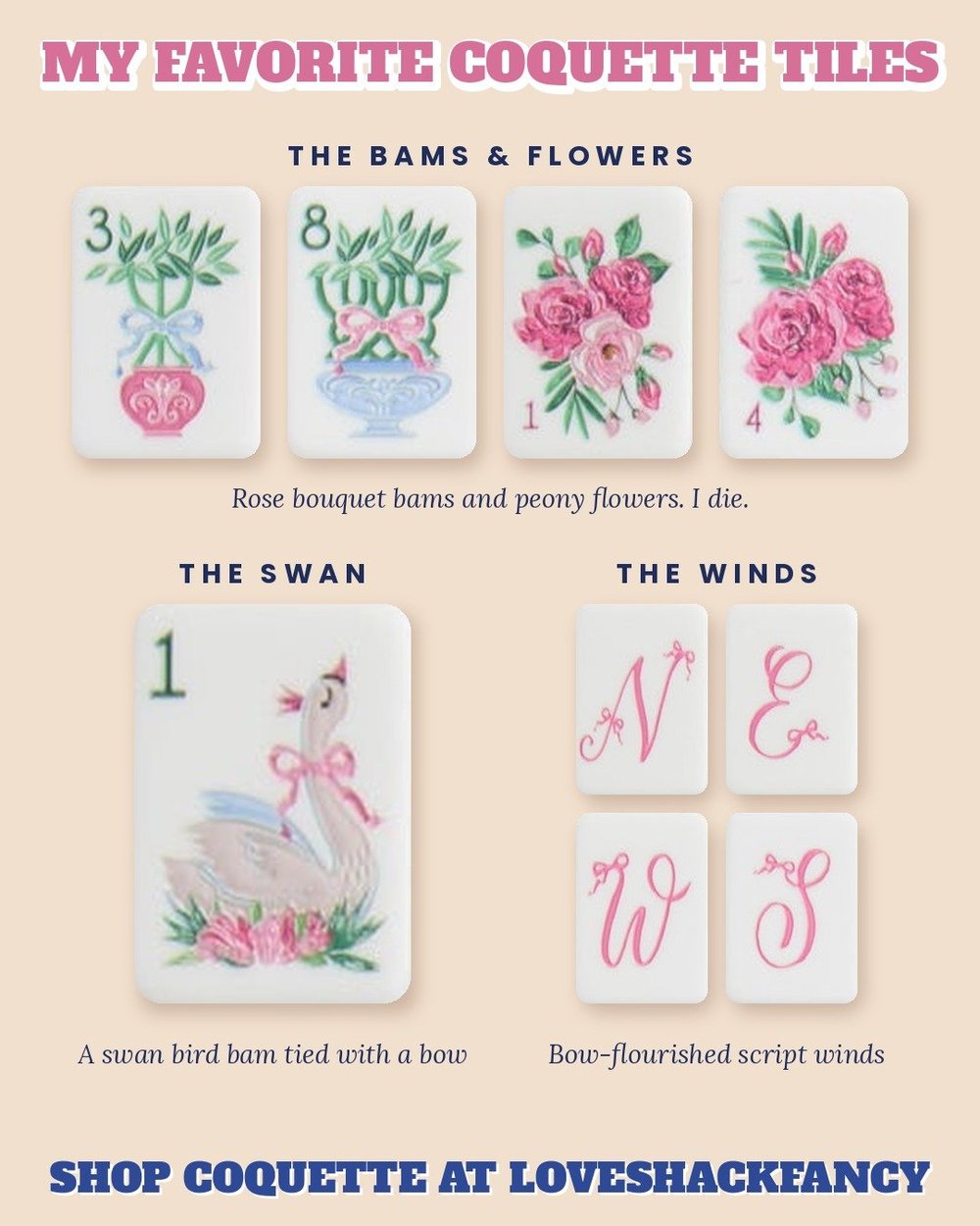 My favorite Coquette mahjong tiles: rose bouquet bams, flowers, the swan and bow-flourished winds