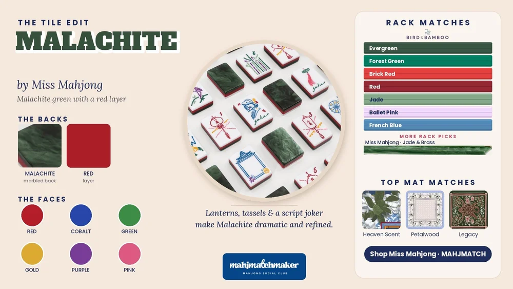 Malachite mahjong tiles color card with rack and mat matches