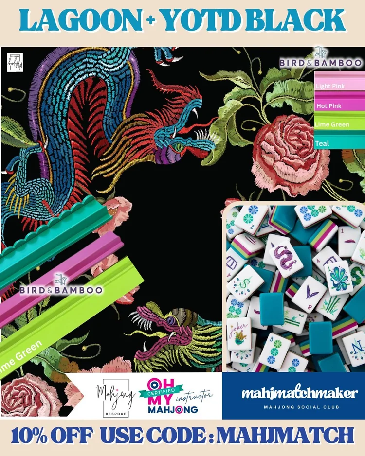 Oh My Mahjong Lagoon mahjong tiles with Bespoke Mahjong YOTD Black mahjong mat