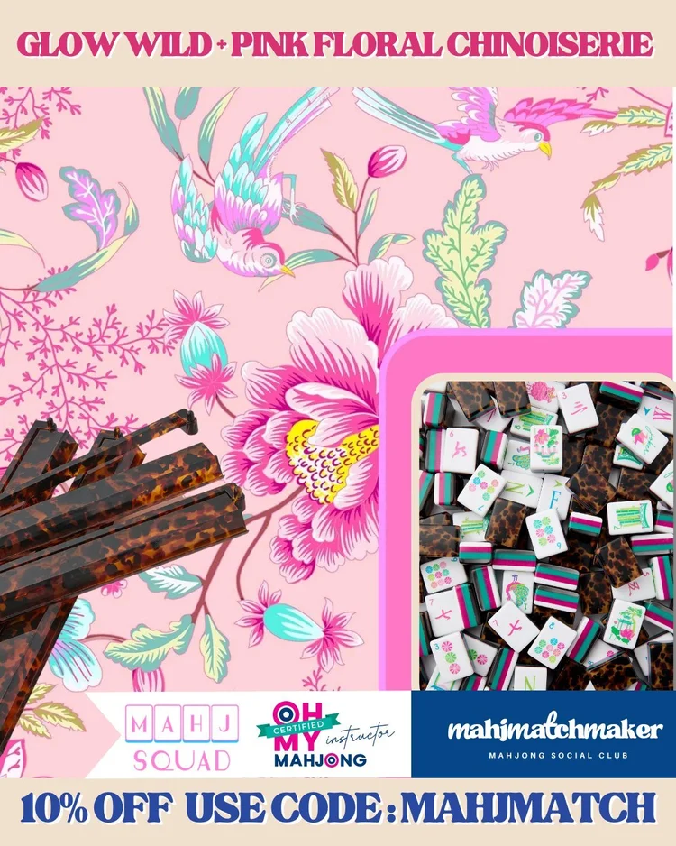 Oh My Mahjong Glow Wild mahjong tiles with Mahj Squad Pink Floral Chinoiserie mahjong mat