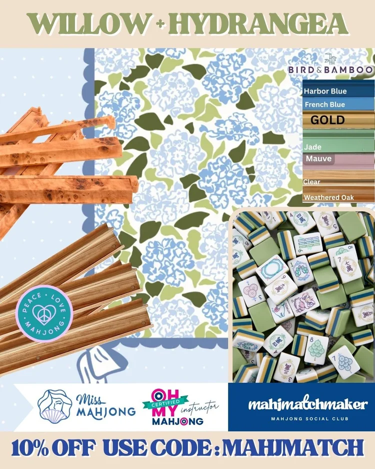 Oh My Mahjong Willow mahjong tiles with Miss Mahjong Hydrangea mahjong mat