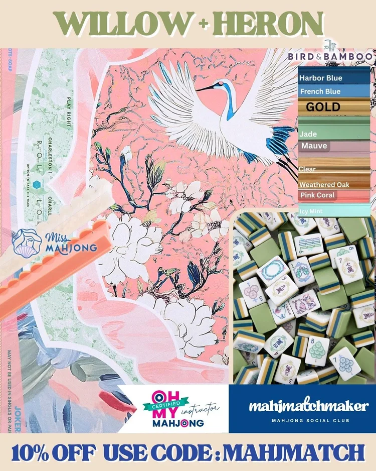 Oh My Mahjong Willow mahjong tiles with Oh My Mahjong Heron mahjong mat