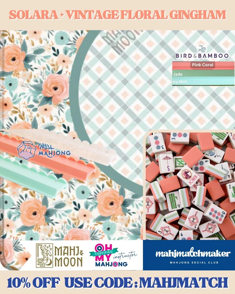 Oh My Mahjong Solara mahjong tiles with Mahj & Moon Vintage Floral Gingham mahjong mat