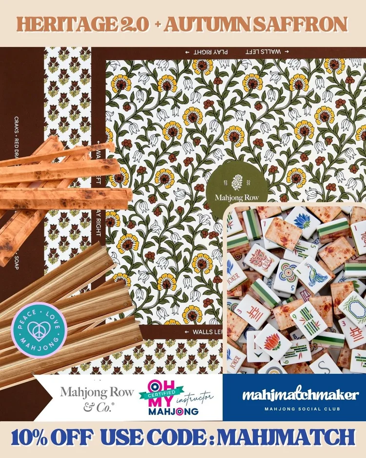 Oh My Mahjong Heritage 2.0 mahjong tiles with Mahjong Row & Co. Autumn Saffron mahjong mat