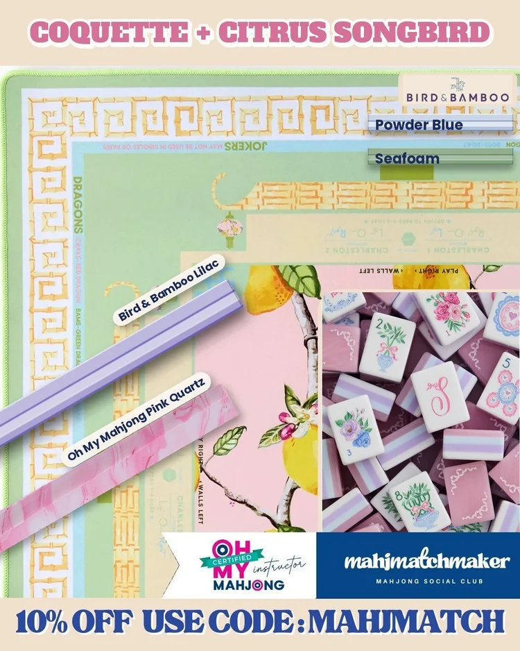 LoveShackFancy Coquette mahjong tiles with Oh My Mahjong Citrus Songbird mahjong mat