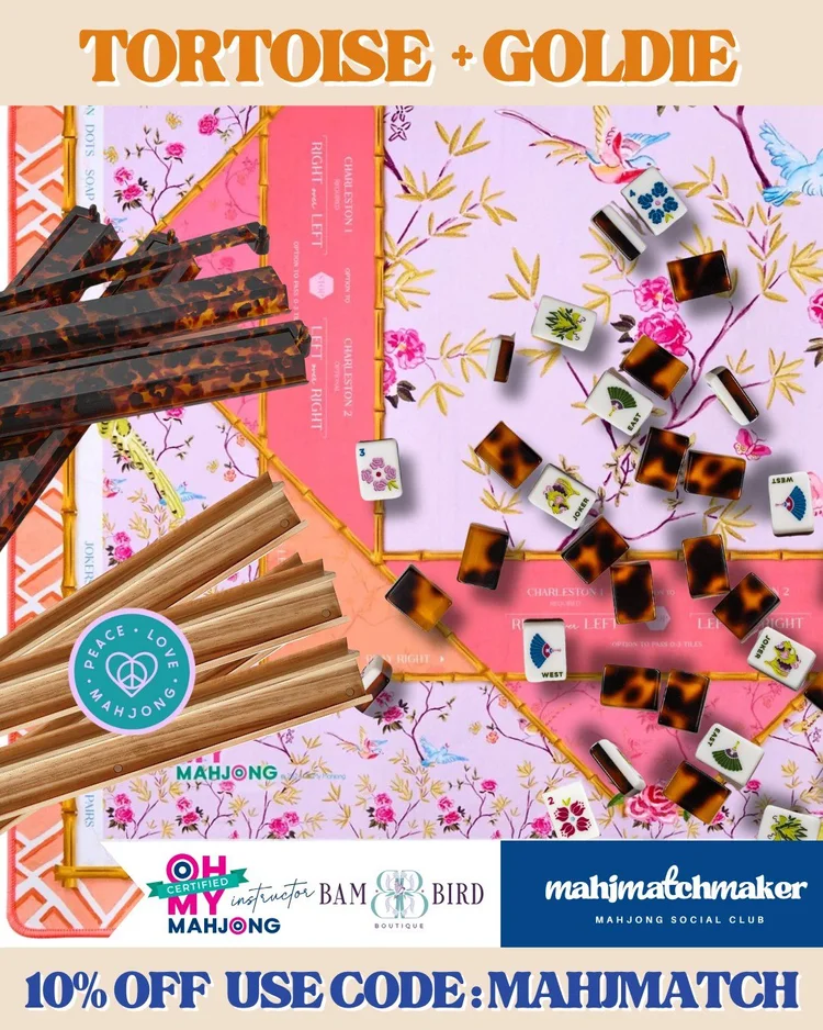 Bam Bird Boutique Tortoise mahjong tiles with Oh My Mahjong Goldie mahjong mat