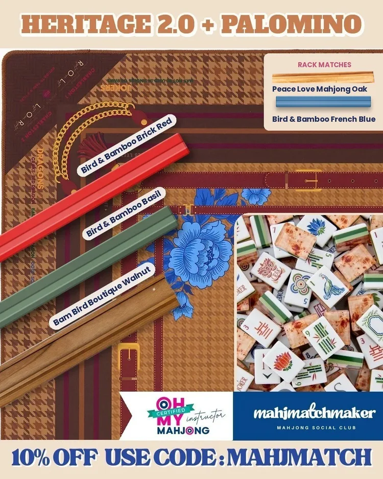 Oh My Mahjong Heritage 2.0 mahjong tiles with Oh My Mahjong Palomino mahjong mat