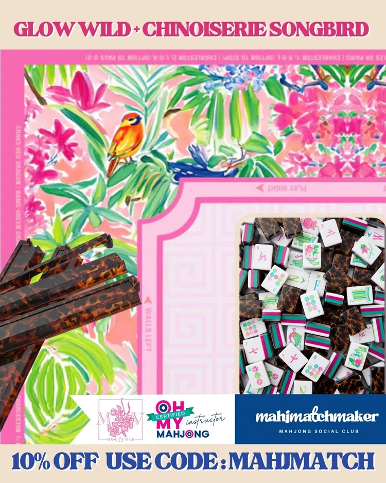 Oh My Mahjong Glow Wild mahjong tiles with Mahj & Vine Chinoiserie Songbird mahjong mat