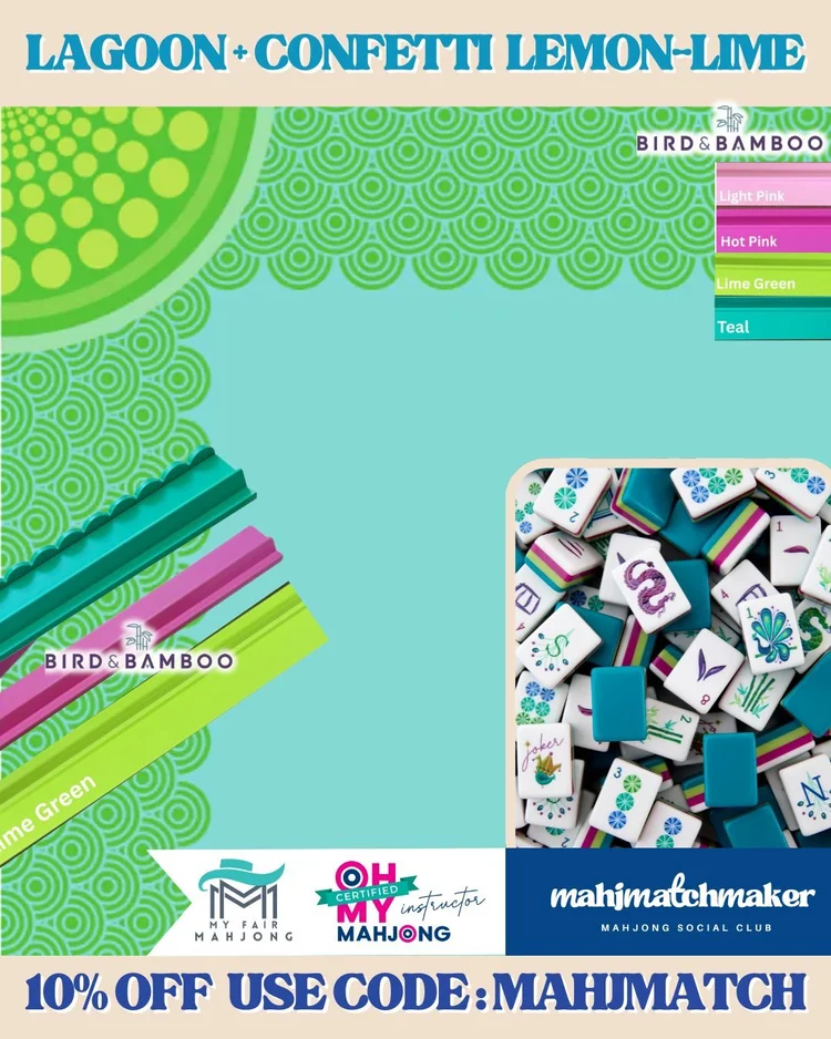 Oh My Mahjong Lagoon mahjong tiles with My Fair Mahjong Confetti Lemon Lime mahjong mat
