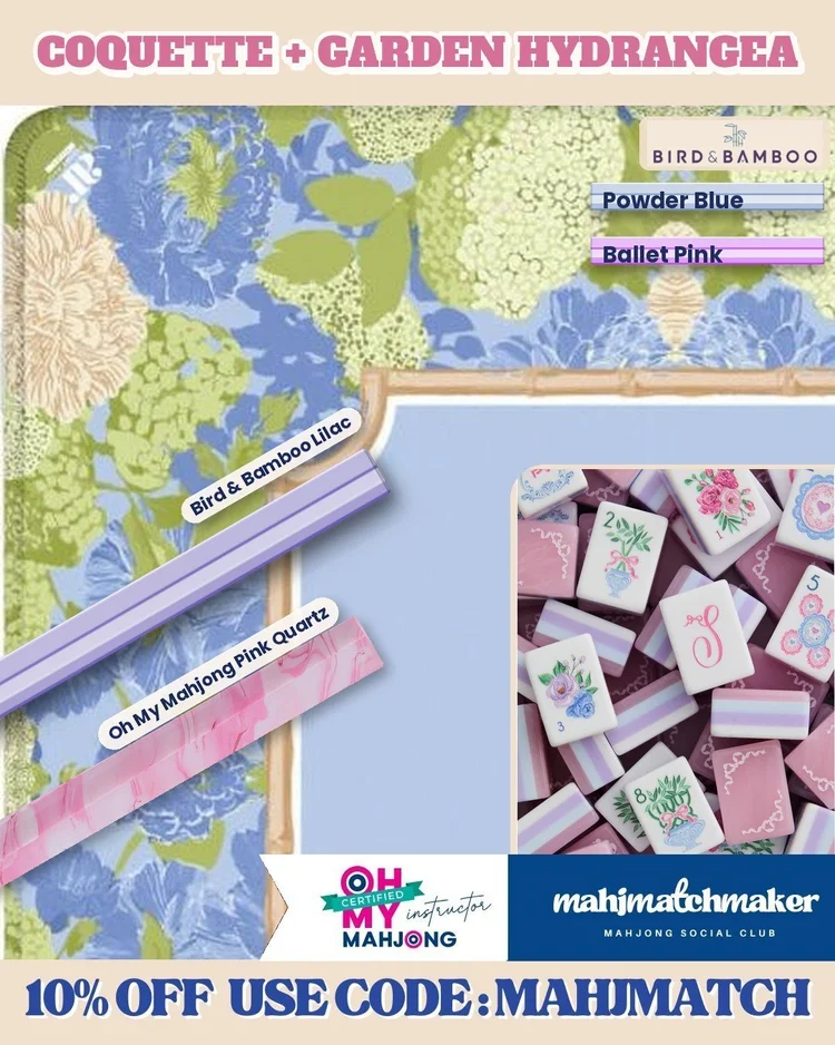 LoveShackFancy Coquette mahjong tiles with Anders Ruff Garden Hydrangea mahjong mat