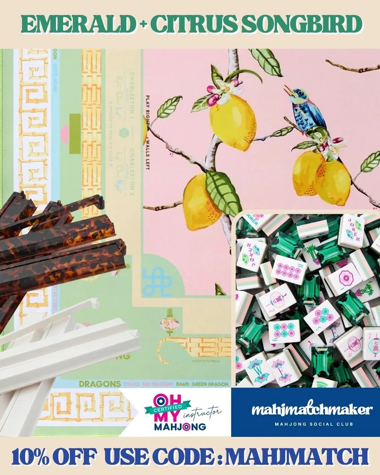 Oh My Mahjong Emerald mahjong tiles with Oh My Mahjong Citrus Songbird mahjong mat
