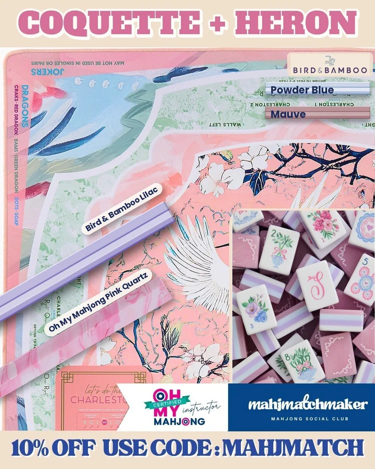 LoveShackFancy Coquette mahjong tiles with Oh My Mahjong Heron mahjong mat