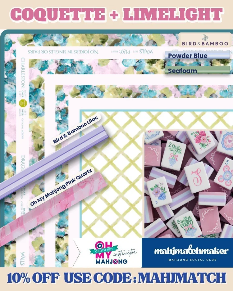 LoveShackFancy Coquette mahjong tiles with Amanda Toppe Limelight mahjong mat
