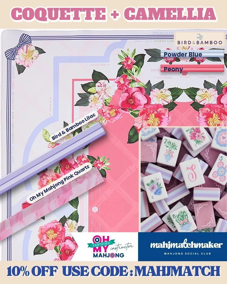 LoveShackFancy Coquette mahjong tiles with Oh My Mahjong Camellia mahjong mat
