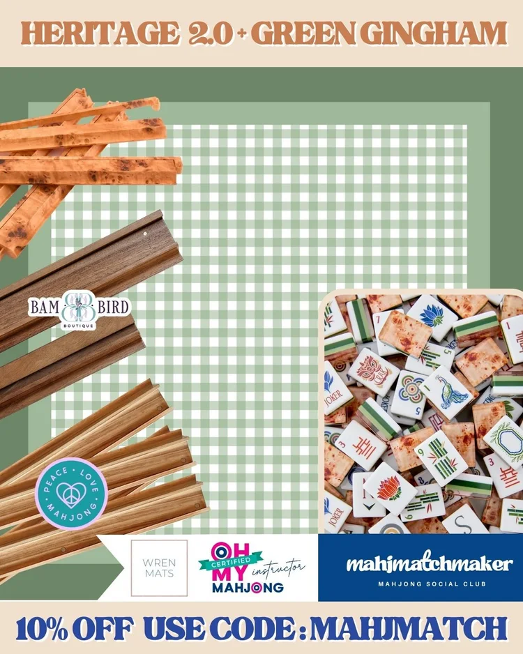 Oh My Mahjong Heritage 2.0 mahjong tiles with Wren Mats Green Gingham mahjong mat