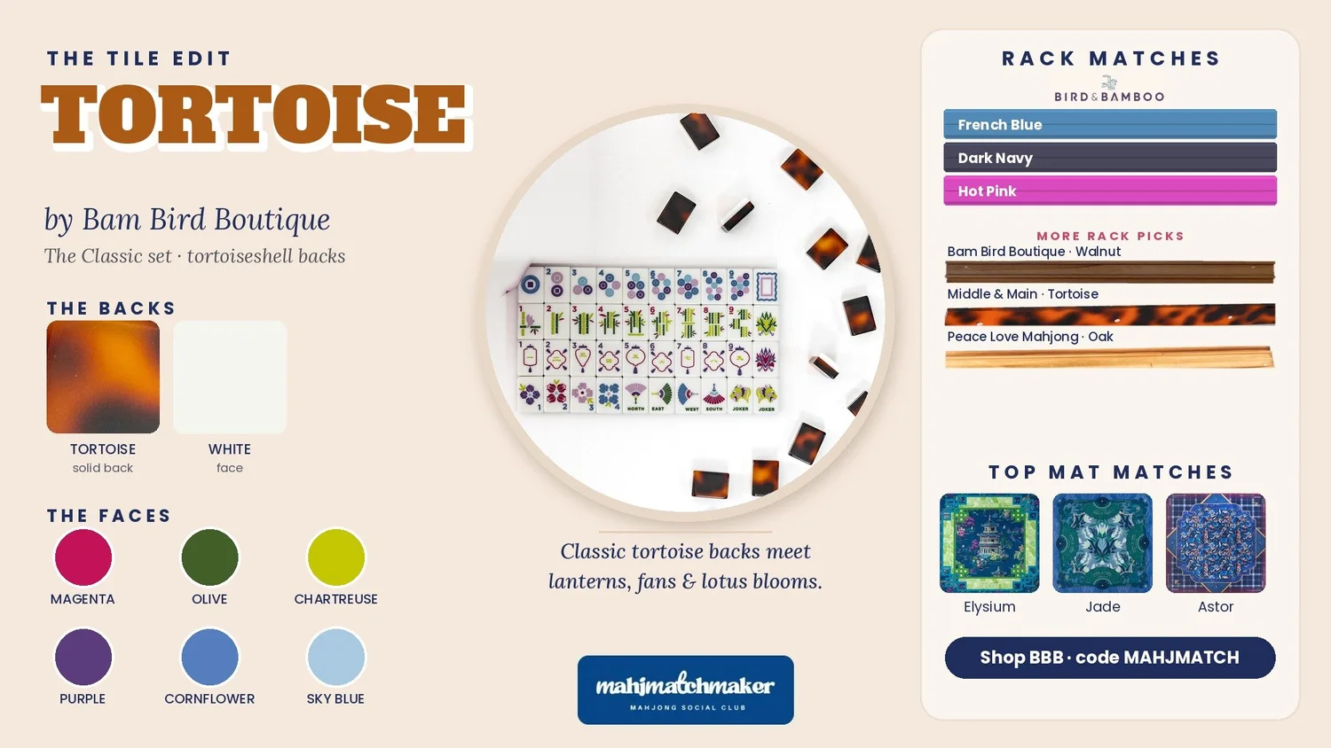 Tortoise mahjong tiles color card with rack and mat matches