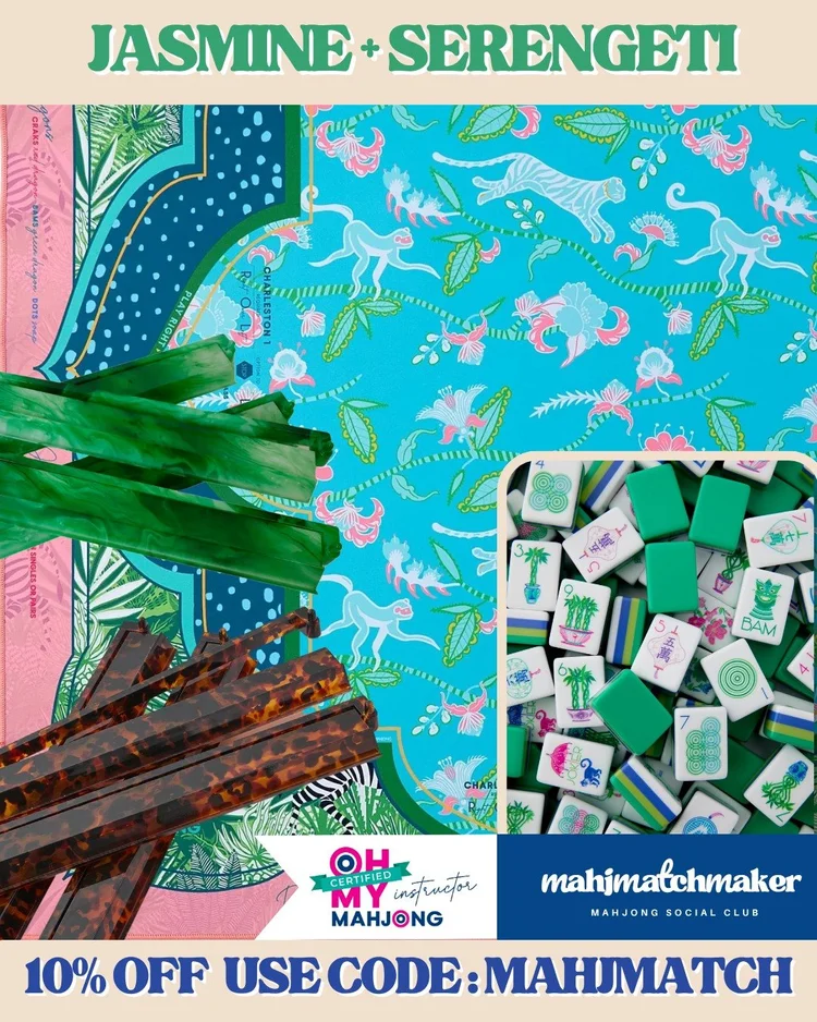 Oh My Mahjong Jasmine mahjong tiles with Oh My Mahjong Serengeti mahjong mat