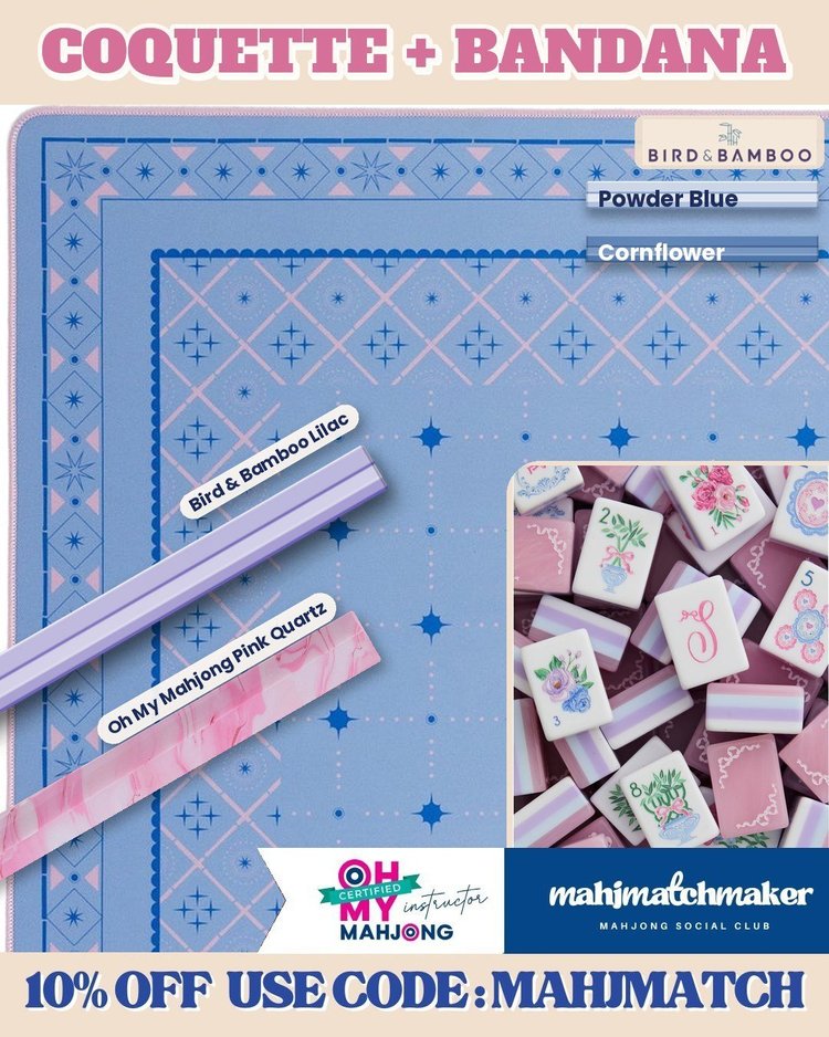 LoveShackFancy Coquette mahjong tiles with Bam Bird Boutique Bandana mahjong mat
