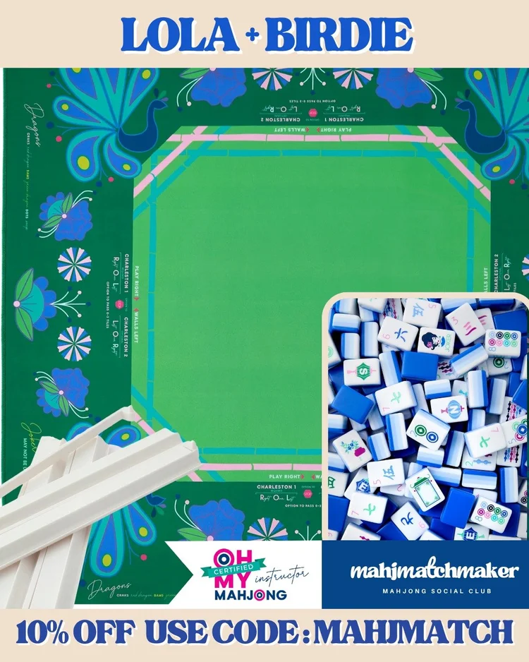 Oh My Mahjong Lola mahjong tiles with Oh My Mahjong Birdie mahjong mat