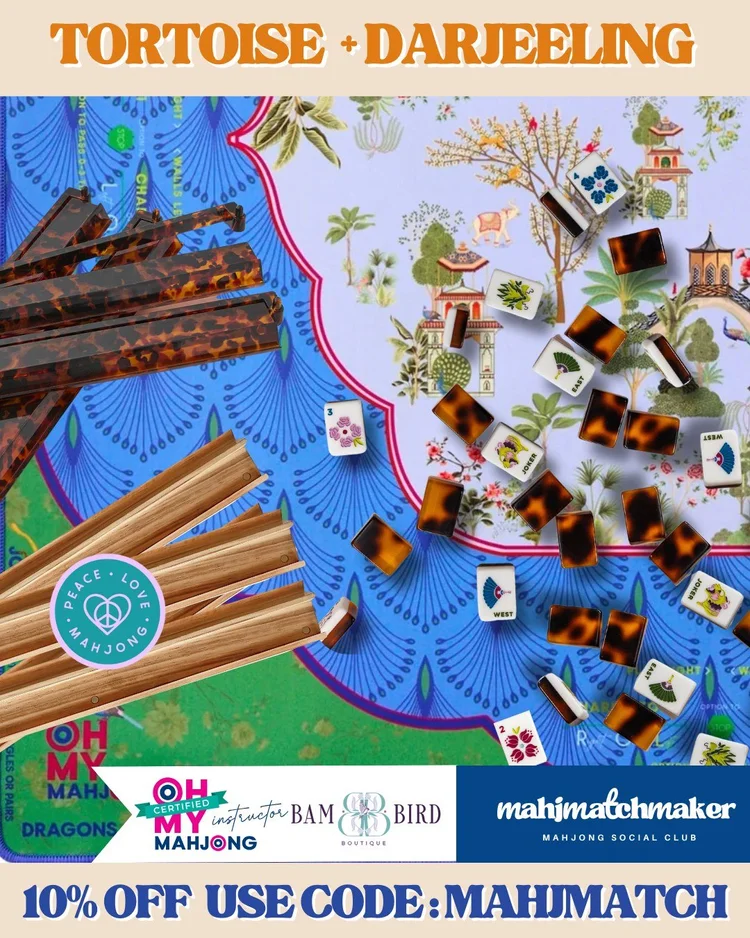 Bam Bird Boutique Tortoise mahjong tiles with Oh My Mahjong Darjeeling mahjong mat