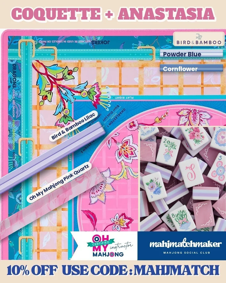 LoveShackFancy Coquette mahjong tiles with Oh My Mahjong Anastasia mahjong mat