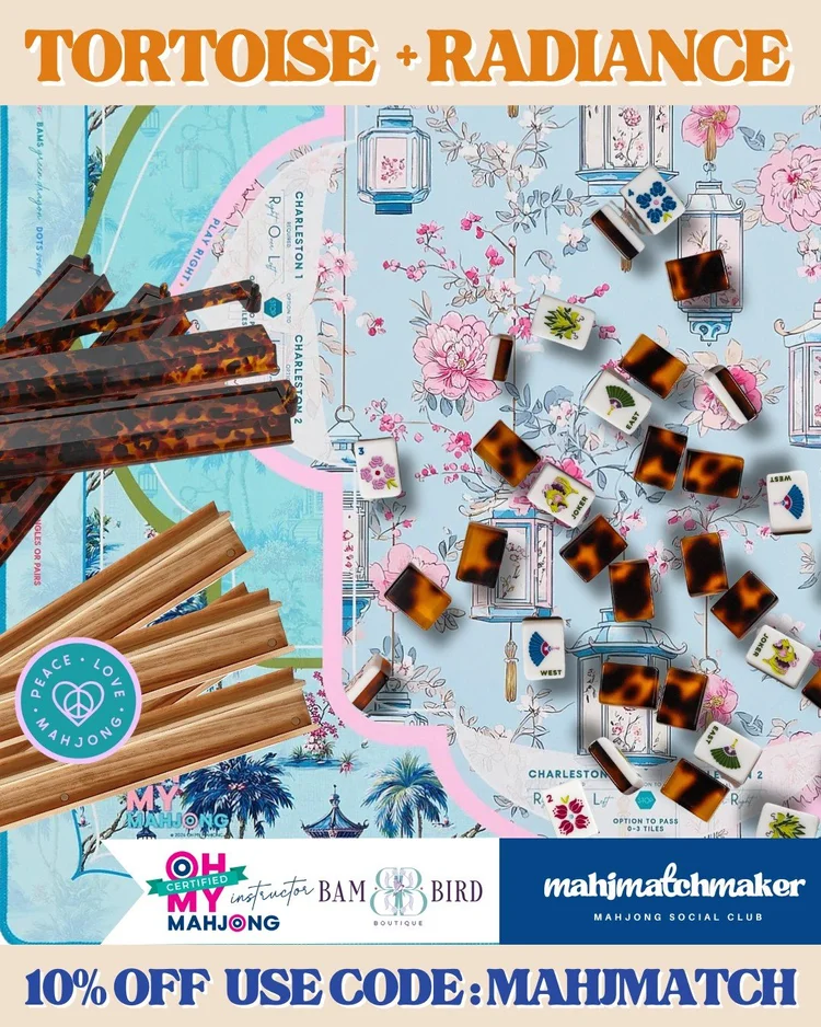 Bam Bird Boutique Tortoise mahjong tiles with Oh My Mahjong Radiance mahjong mat